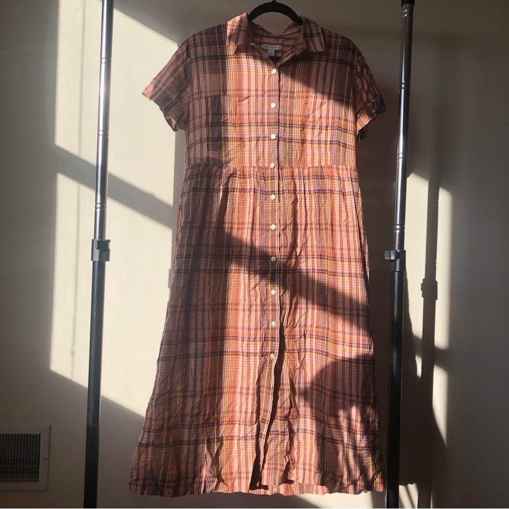 Muted plaid midi/maxi button up short sleeve shirt collared dress